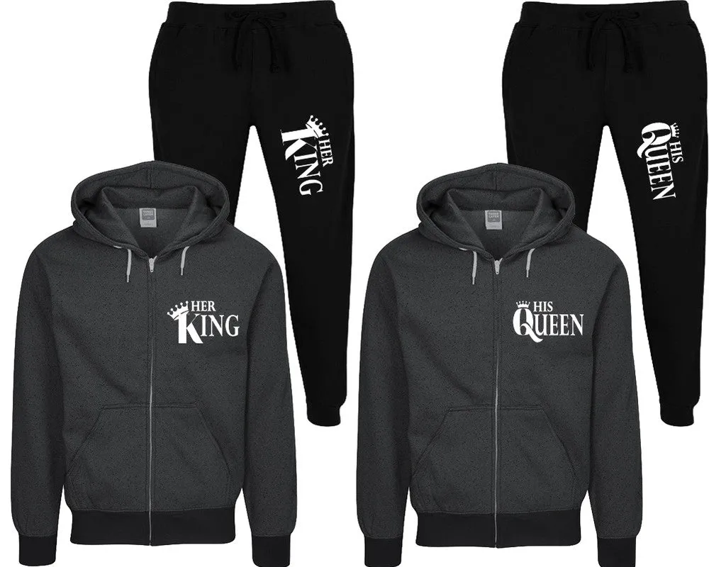 Her King His Queen Couple Speckle Zipper Hoodies and Jogger Pants Matching Top&Bottom Sets