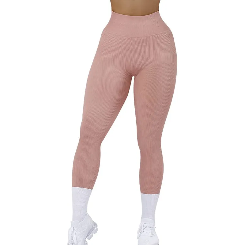 High Waist Seamless Plain Ribbed Leggings