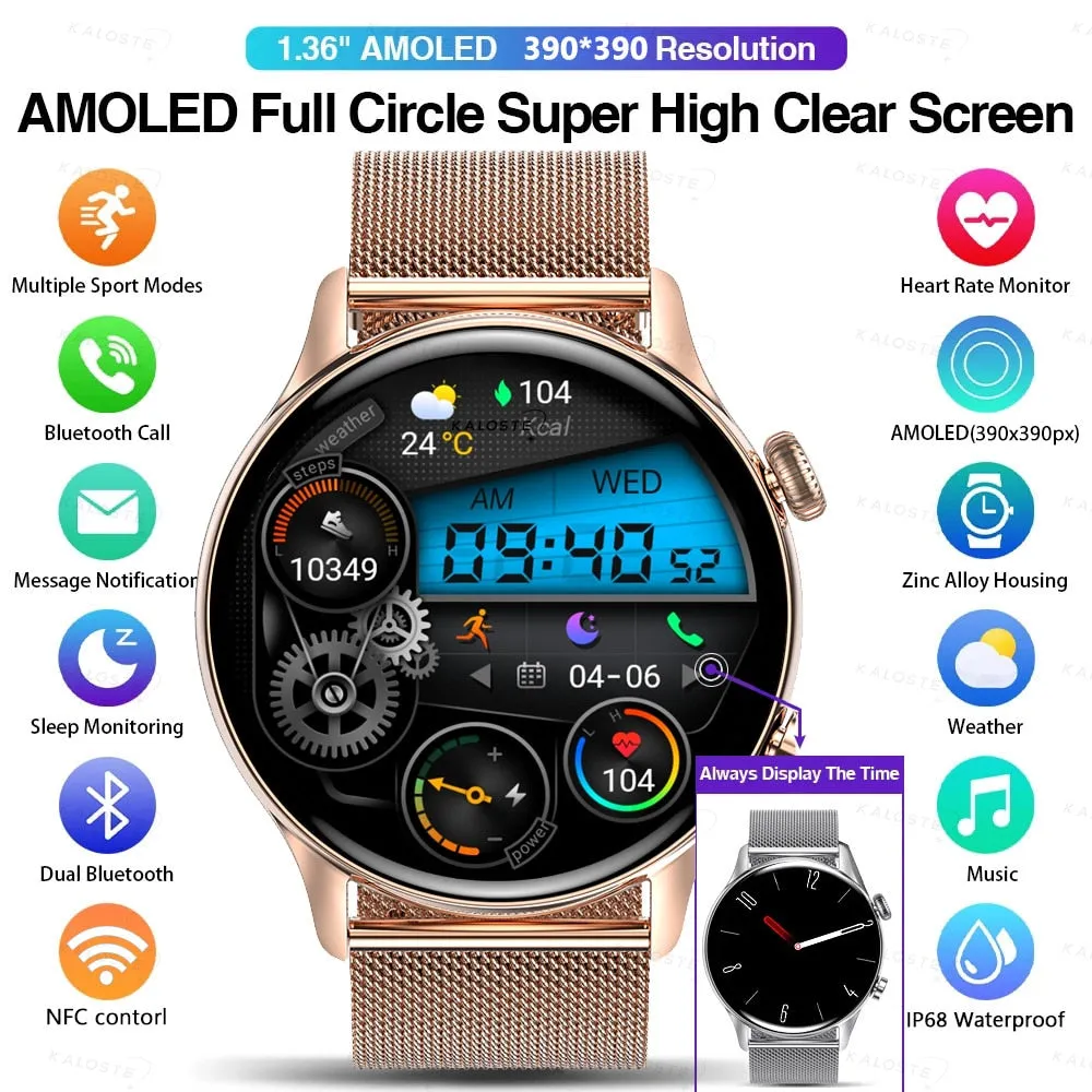 KALOSTE Smart Watch AMOLED HD Screen Always On Display Women Watches Bluetooth Call IP68 Waterproof Sport fitness Men Smartwatch