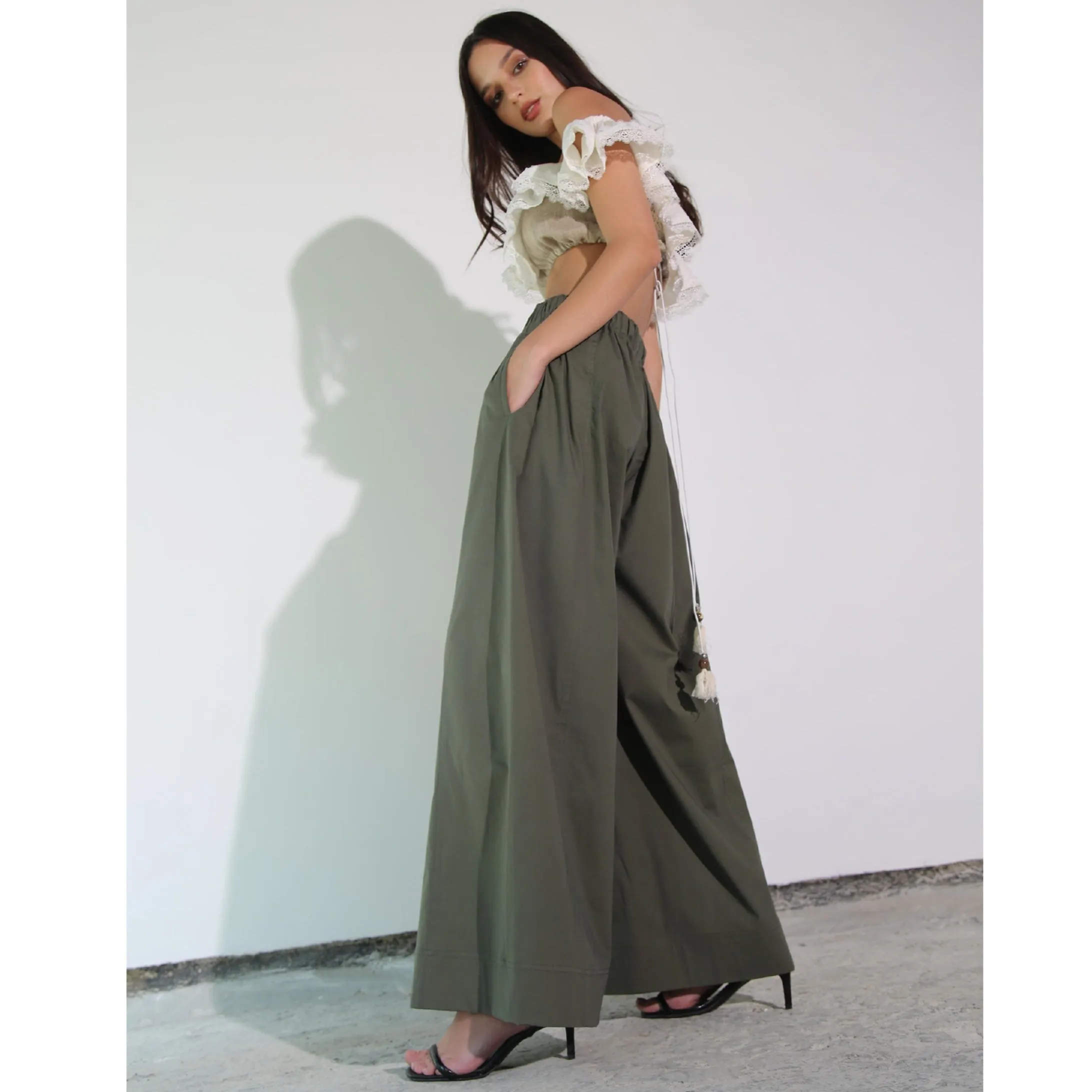 Khaki Cotton Wide-Leg Pant