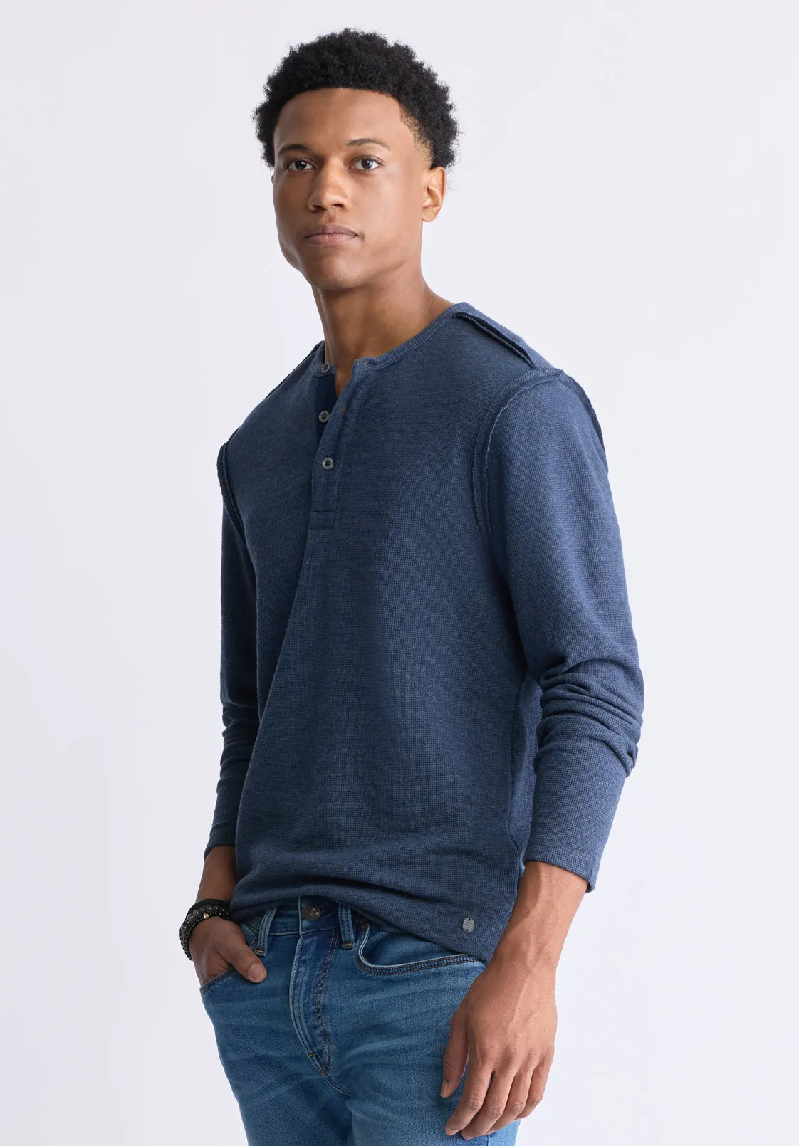 Kipato Men's Long-Sleeved Henley Top, Whale - BM24434