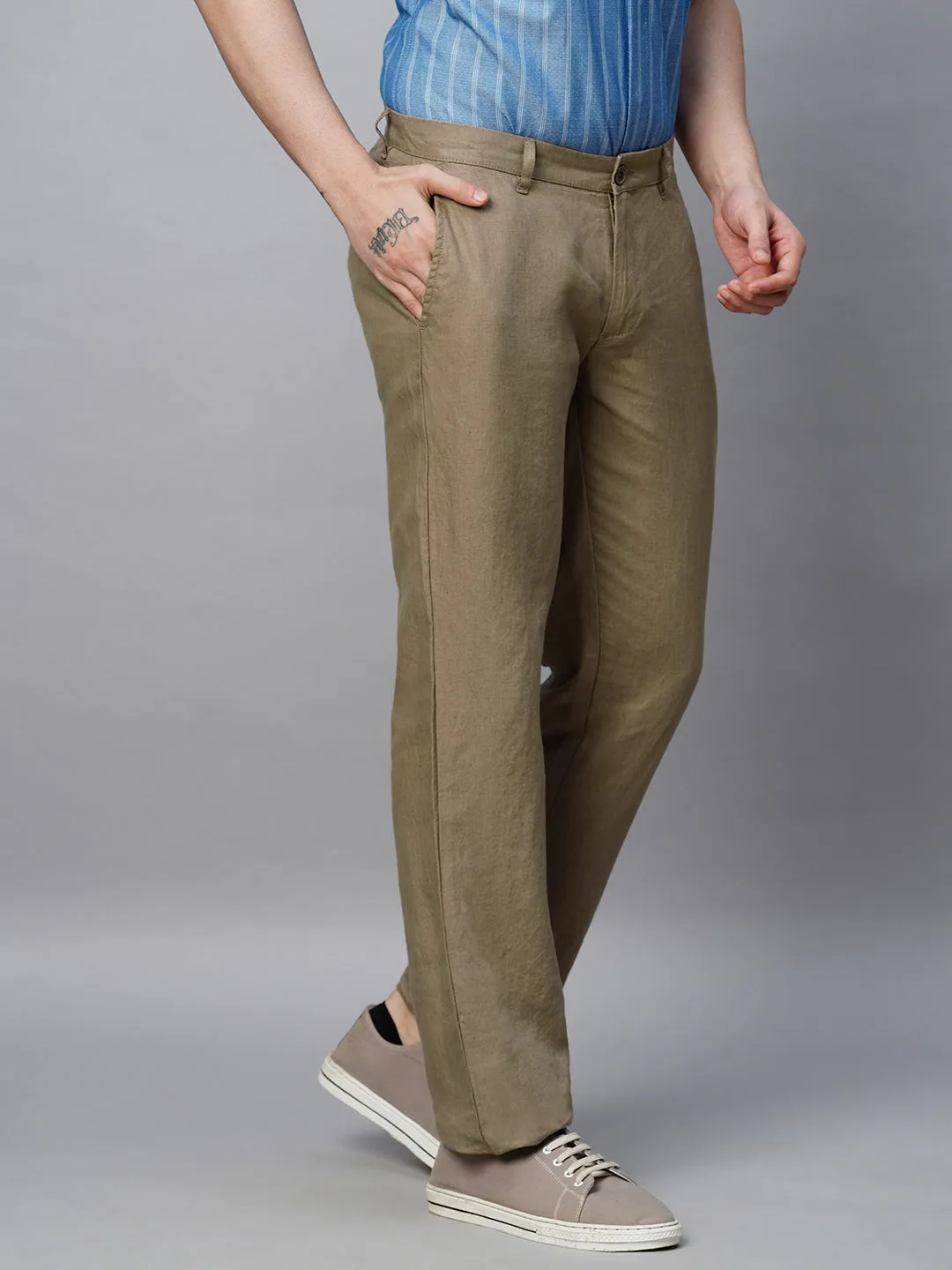 Men's Brown 100% Linen Regular Fit Pant