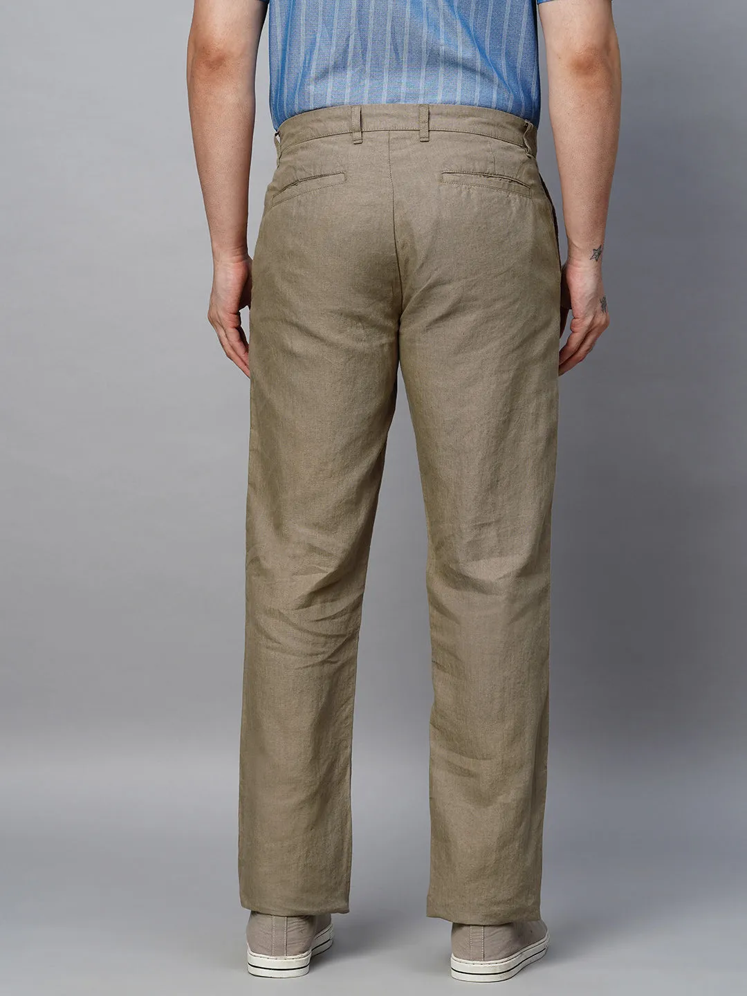 Men's Brown 100% Linen Regular Fit Pant