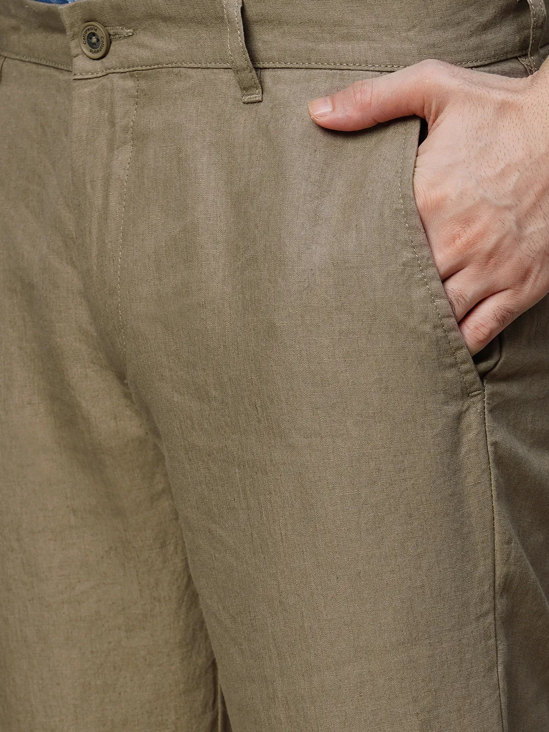 Men's Brown 100% Linen Regular Fit Pant