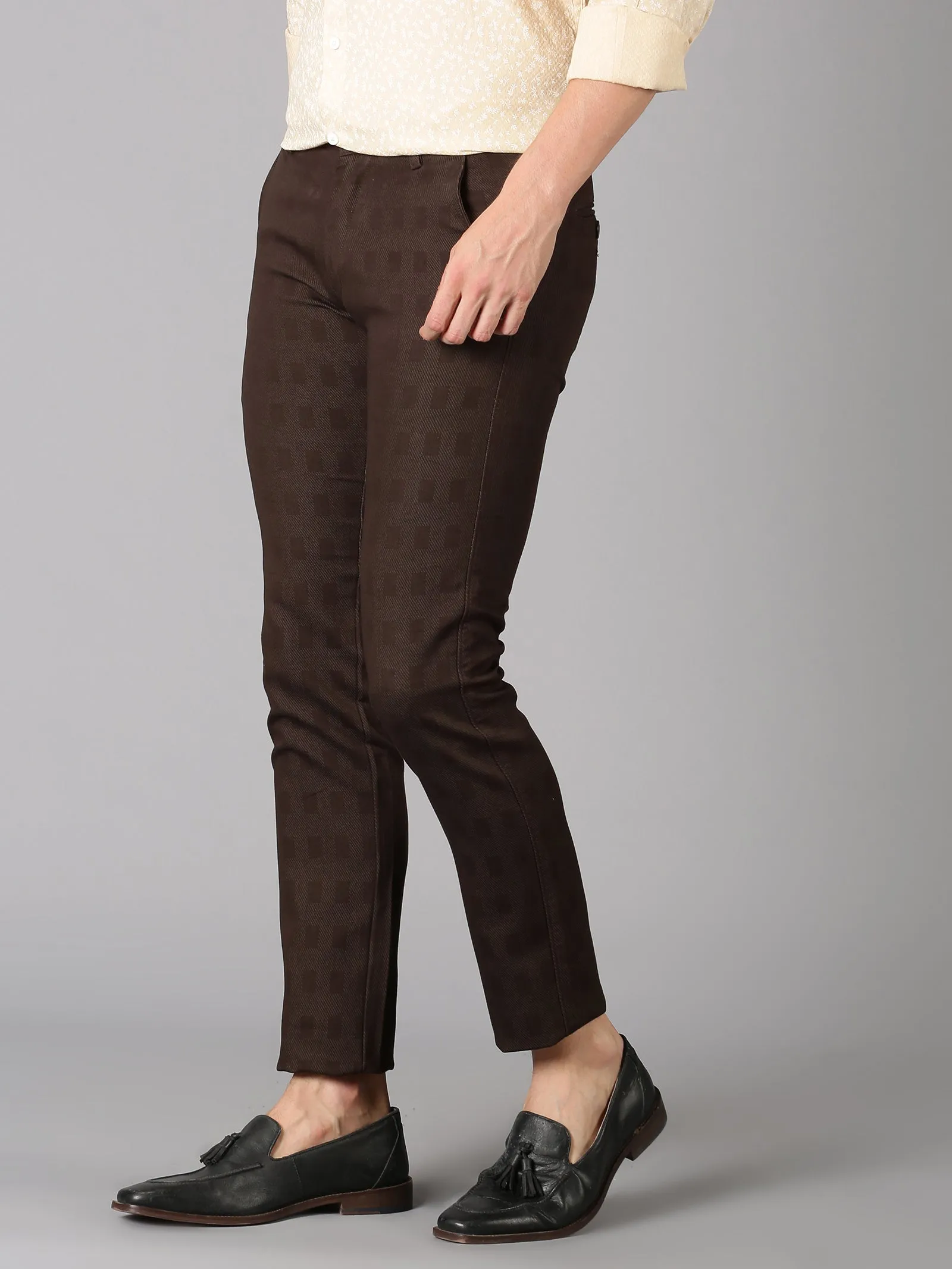 MEN'S BROWN CHECK SLIM FIT TROUSER