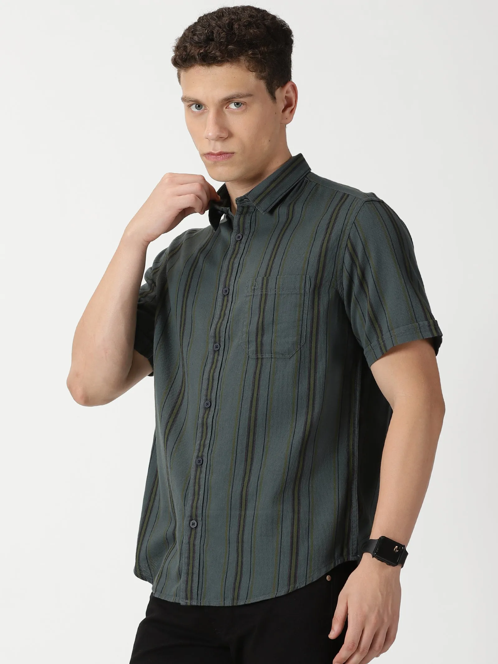 MEN'S DK GREEN STRIPE SLIM FIT SHIRT