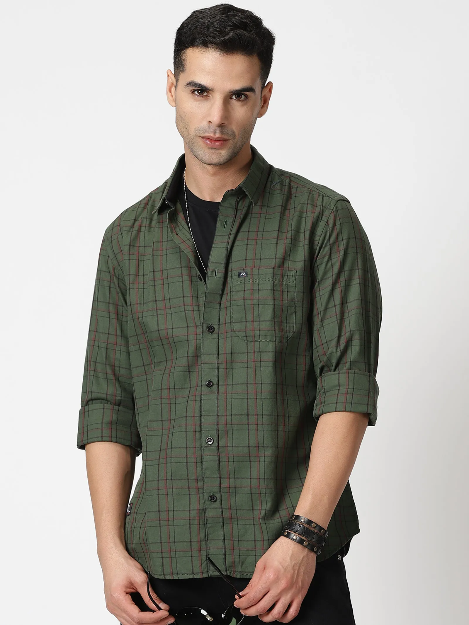 MEN'S GREEN CHECKS SLIM FIT SHIRT