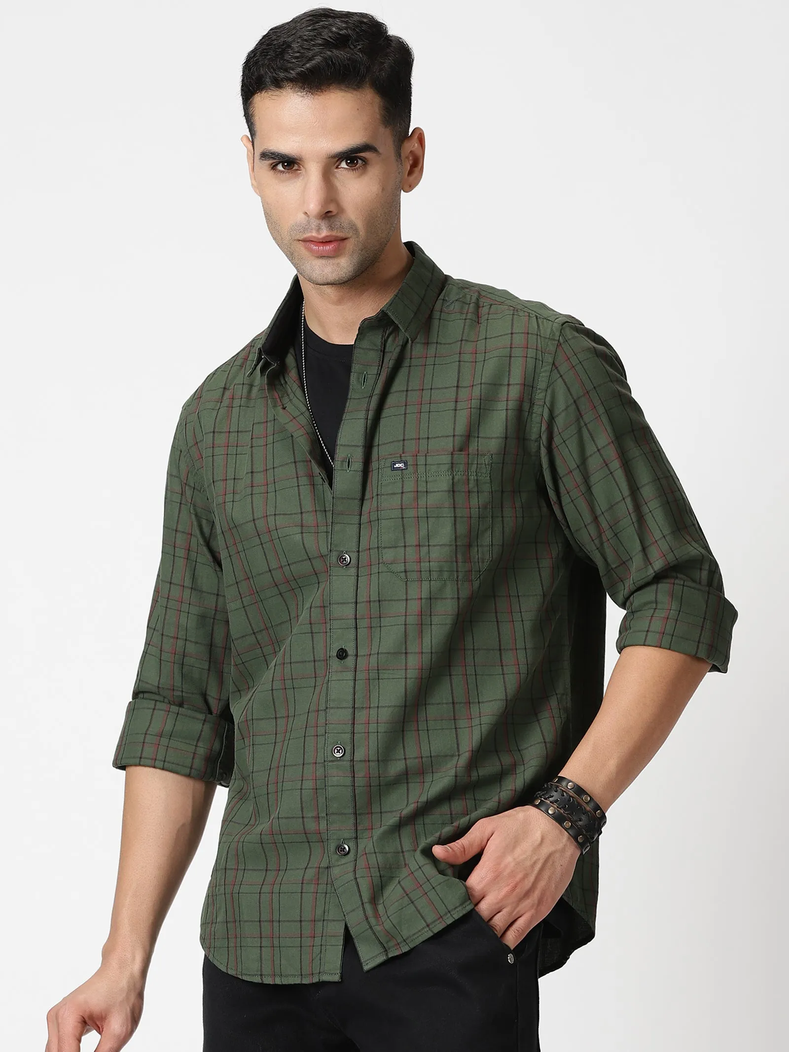 MEN'S GREEN CHECKS SLIM FIT SHIRT