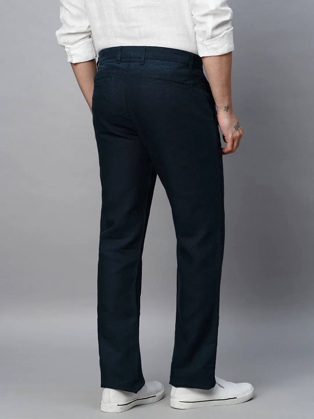 Men's Navy 100% Linen Regular Fit Pant