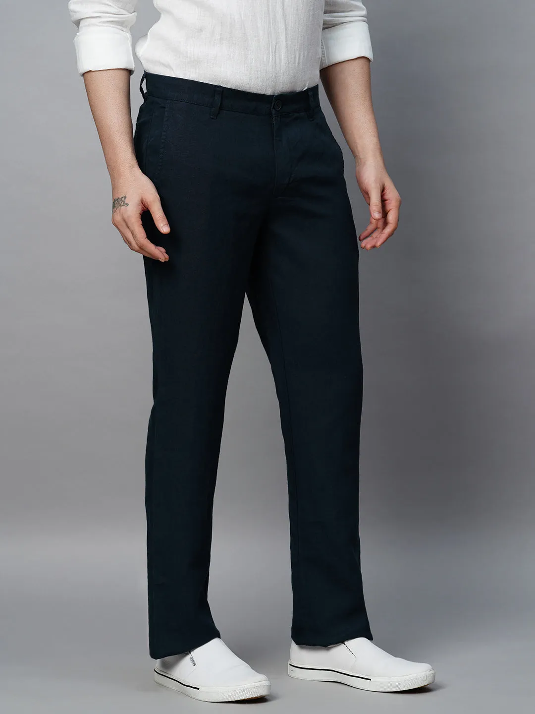 Men's Navy 100% Linen Regular Fit Pant