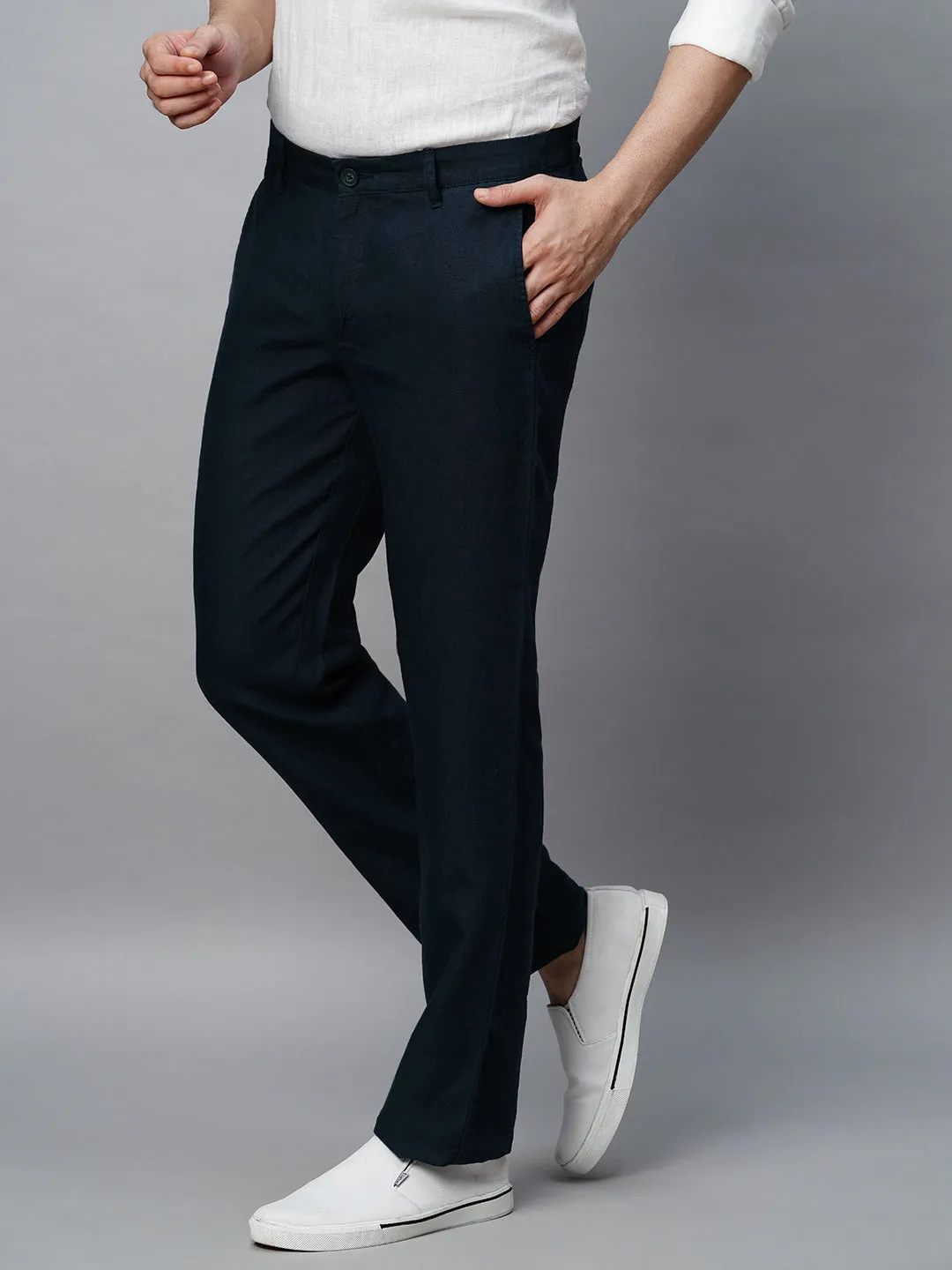 Men's Navy 100% Linen Regular Fit Pant