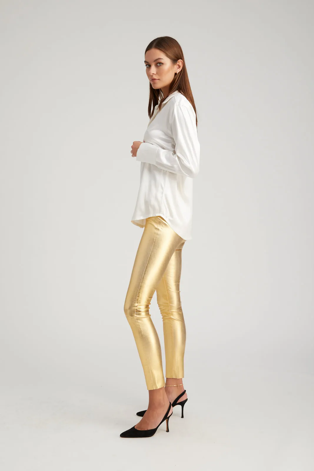 Metallic Gold Leather Ankle Leggings