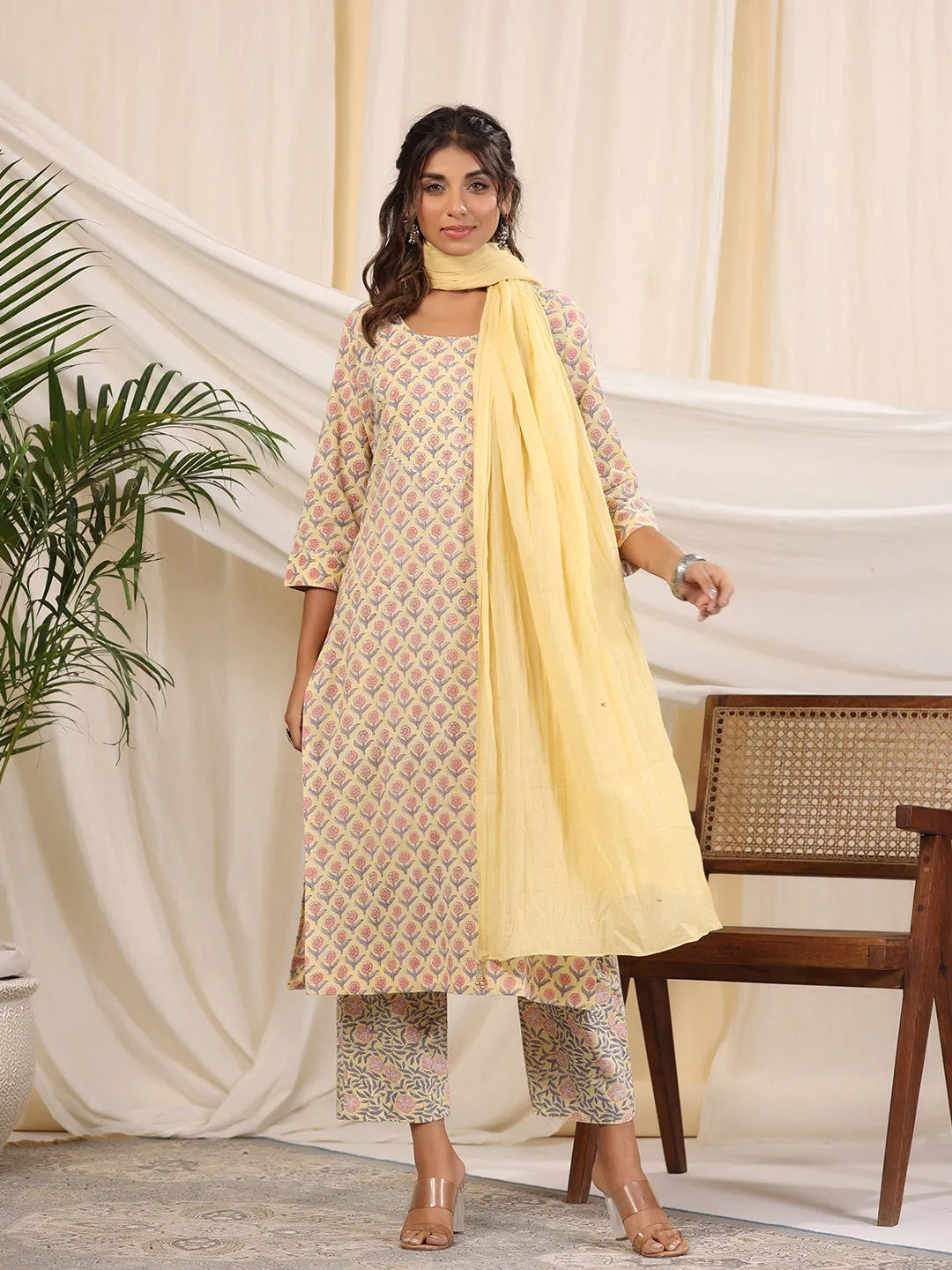 Sadabahaar Yellow & Pink Butti Handblock Printed Cotton Kurta Pant Set