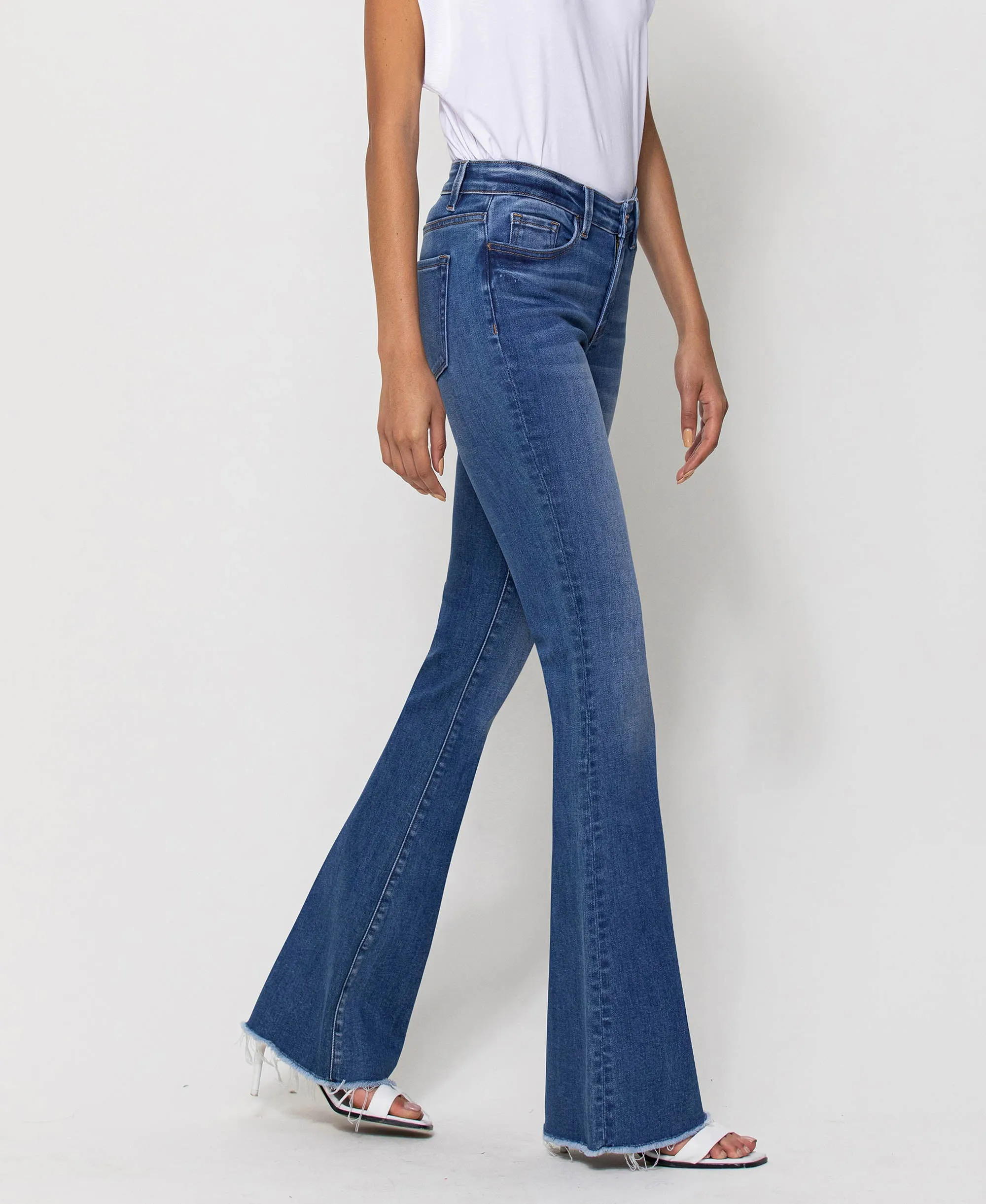 Sunfaded - Mid Rise Raw Hem Flare Jeans