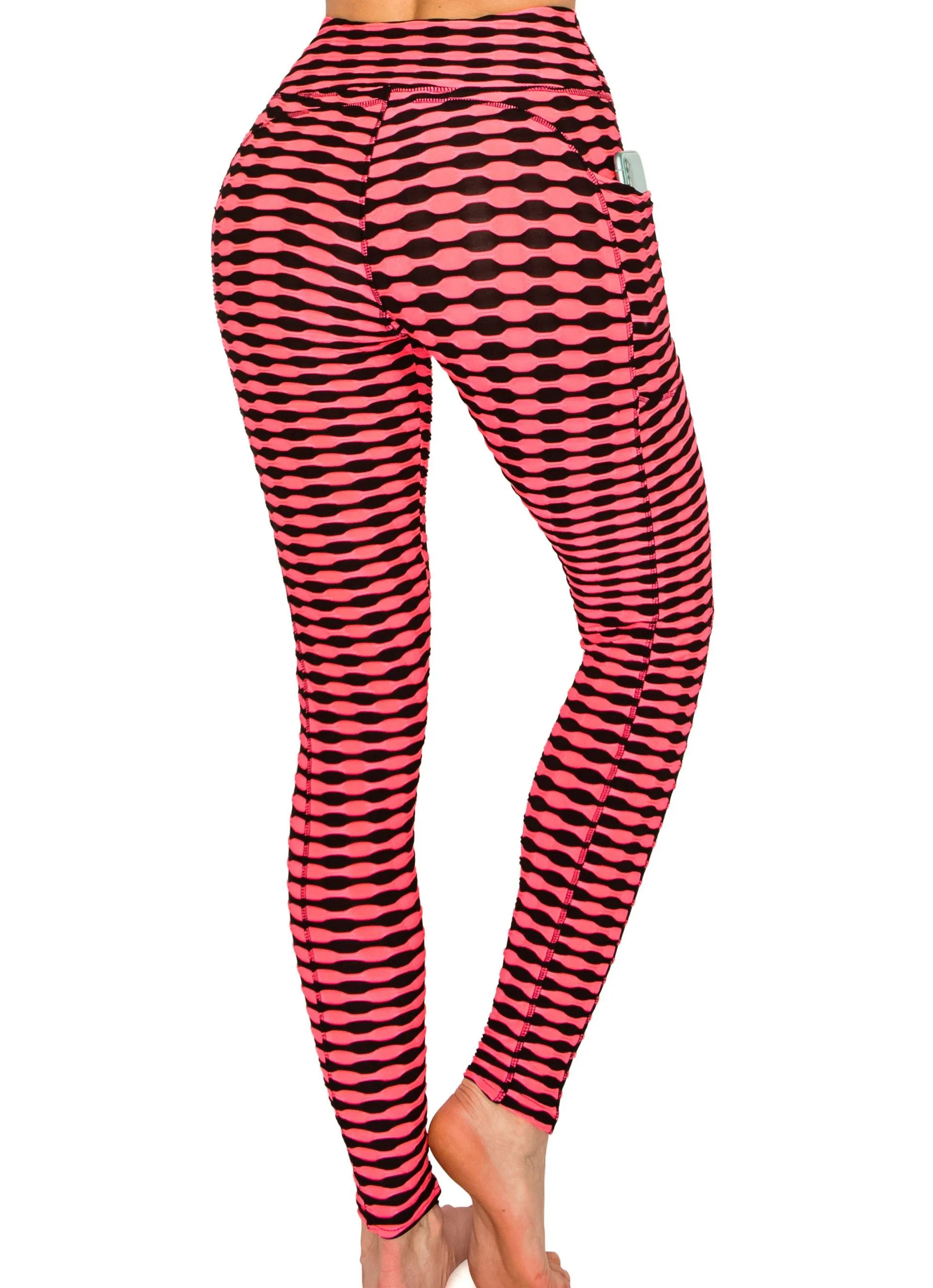 Textured 3D Booty Yoga Pants - High Waist Compression Slimming Butt Lift Patterned Pants with Pockets