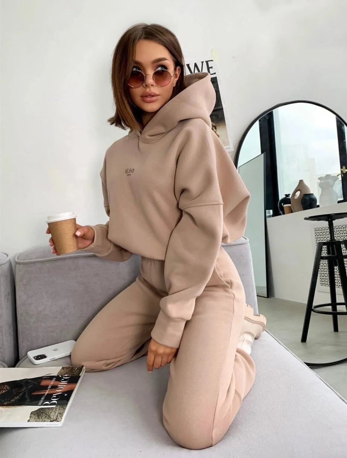 Warm Tracksuit Sports Women Two Piece Set 2022 Leisure Solid Long Sleeve Hooded Top Elastic Waist Pant Woman Winter Suit Jogging