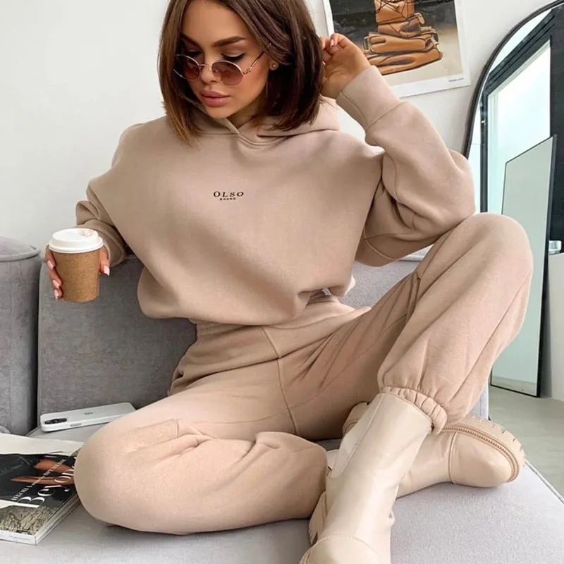 Warm Tracksuit Sports Women Two Piece Set 2022 Leisure Solid Long Sleeve Hooded Top Elastic Waist Pant Woman Winter Suit Jogging