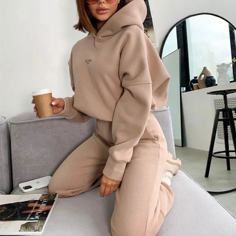 Warm Tracksuit Sports Women Two Piece Set 2022 Leisure Solid Long Sleeve Hooded Top Elastic Waist Pant Woman Winter Suit Jogging