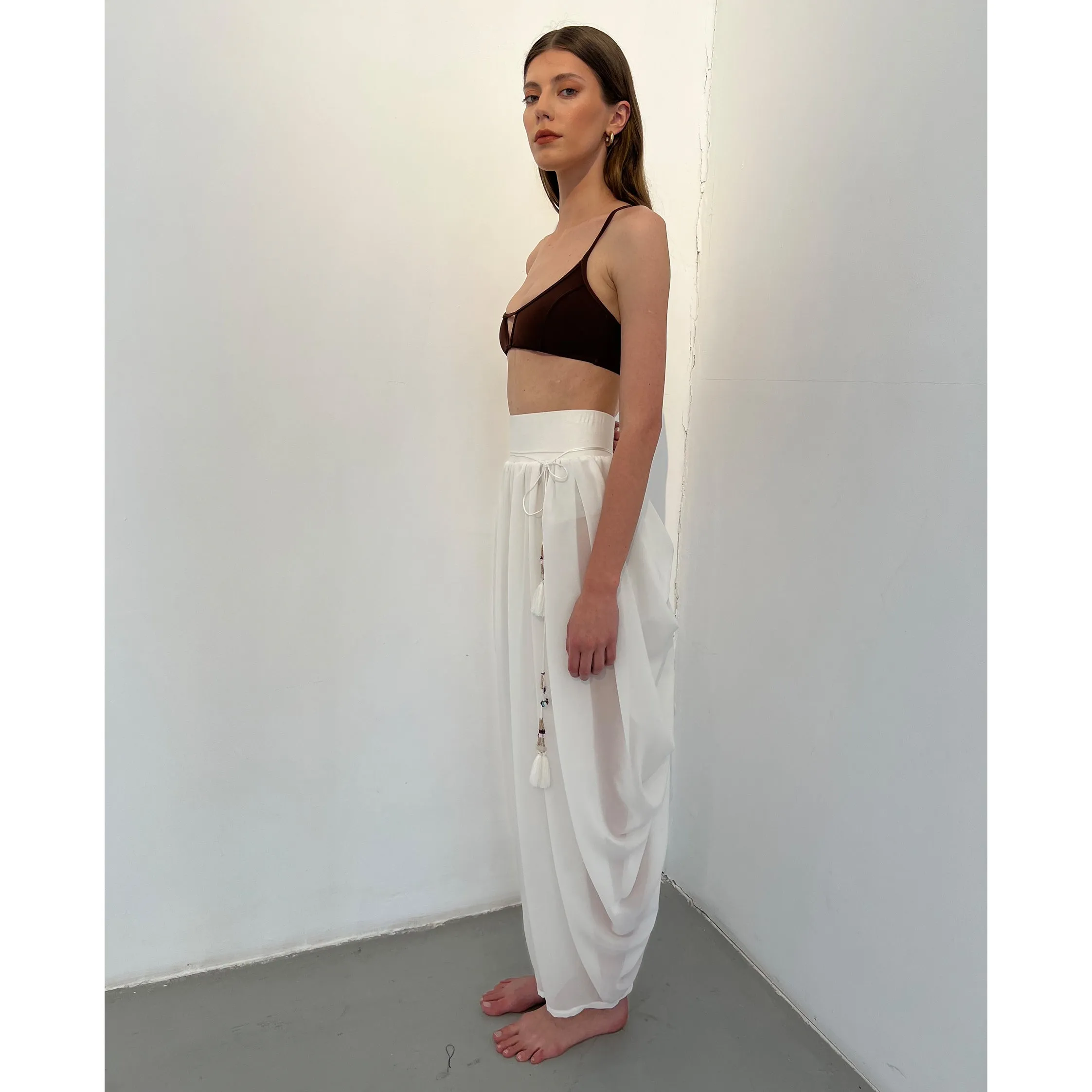 White Chiffon Sheer Draped Pant